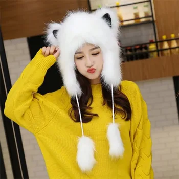 Pălărie De Iarnă Femei Pufos Pisica Ureche Fox Căciuli Capac Amuzant Anime Pălărie De Pluș Faux Blana Drăguț Ureche Căști Bombardier Palarie Cald
