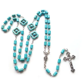 QIGO Vintage Blue Stone Rozariul Colier Lung pentru Femei Barbati Crucea Pandantiv Colier Rugăciune Religioasă Bijuterii