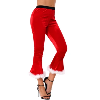 Red Womens Tinutele De Crăciun Temă De Vacanță Petrecere Carnaval, Cosplay Costum Elastic Betelie Faux Blana Pantaloni Evazate Pantaloni Evazati