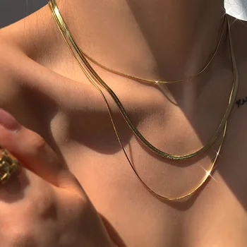 Tarnish Gratuit din Oțel Inoxidabil Placat cu Aur 18K Herryingbone Subțire Lanț de Șarpe Strat Colier Sexy Femei Colier de Aur