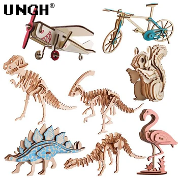 UNGH DIY Puzzle din Lemn Model 3D Dinozaur Jucarii pentru Copii Schelet Animal Puzzle Blocuri Asamblate manual Birou Copii Decor
