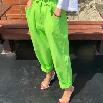 Vara 2021 Harem Pantaloni Albi Femei Nou De Talie Mare Epocă Streetwear Stil Coreean Verde Pantaloni Casual Din Bumbac Pentru Femei Îmbrăcăminte