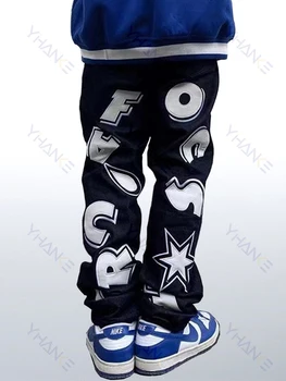 Y2k Moda pentru Bărbați Negru Streetwear Hip Hop Alfabet de Stele de Imprimare Blugi Pantaloni Drepte Emo Cyber Blugi Largi Haine Streetwear