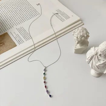 YIZIZAI Real Argint 925 Curcubeu Geometrice Colorate Piatră prețioasă Lanț Clavicula Colier Pentru Femei Europene Bijuterii de Epocă