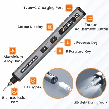 Șurubelniță electrică cu Set 34 Magnetic Biti (SES) 4 Trepte de Cuplu Display OLED Reîncărcabilă Portabila Surubelnita